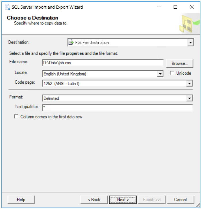 SQL Server data export to flat file destination configuration