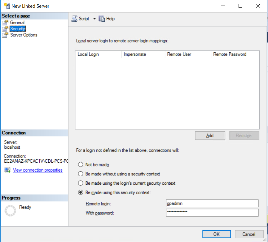 SQL Server Linked Server authentication on Greenplum