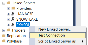 test Exasol Linked Server connection