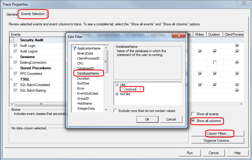 SQL Server Profiler configuration