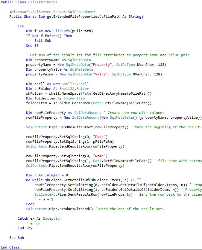 SQL Server CLR stored procedure codes to read file properties