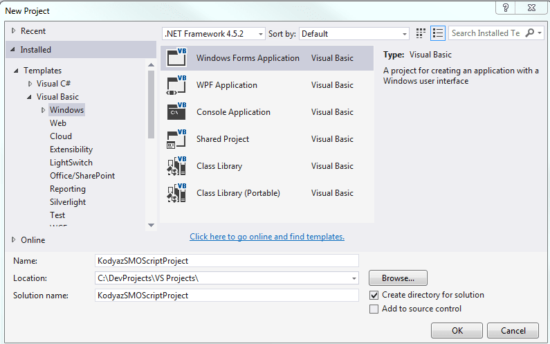 Visual Studio project template selection for SQL Server Management Objects