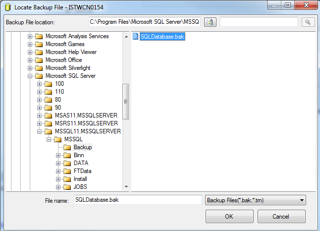 locate database backup file to restore on SQL Server
