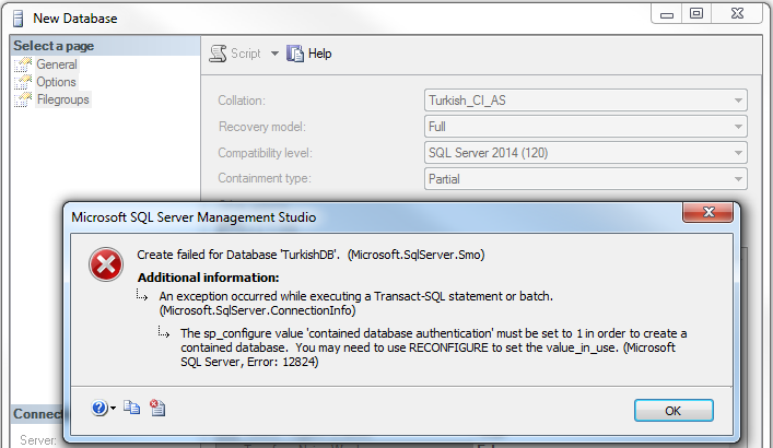 sp_configure value 'contained database authentication' must be set to 1 in order to create a contained database