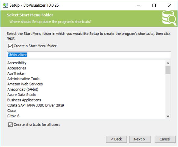 DbVisualizer Start Menu option and shortcuts