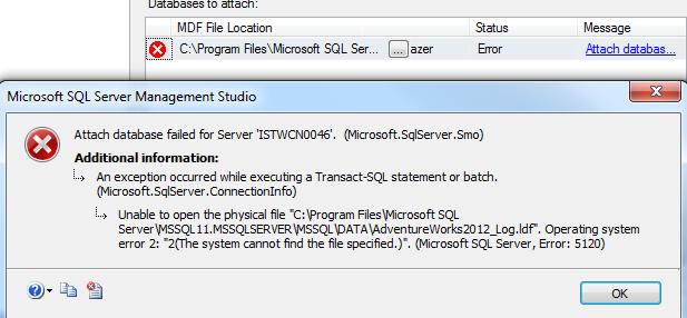 attach database data file to SQL Server error details