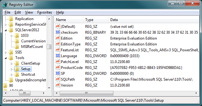 detect SQL Server version in Registry Editor software