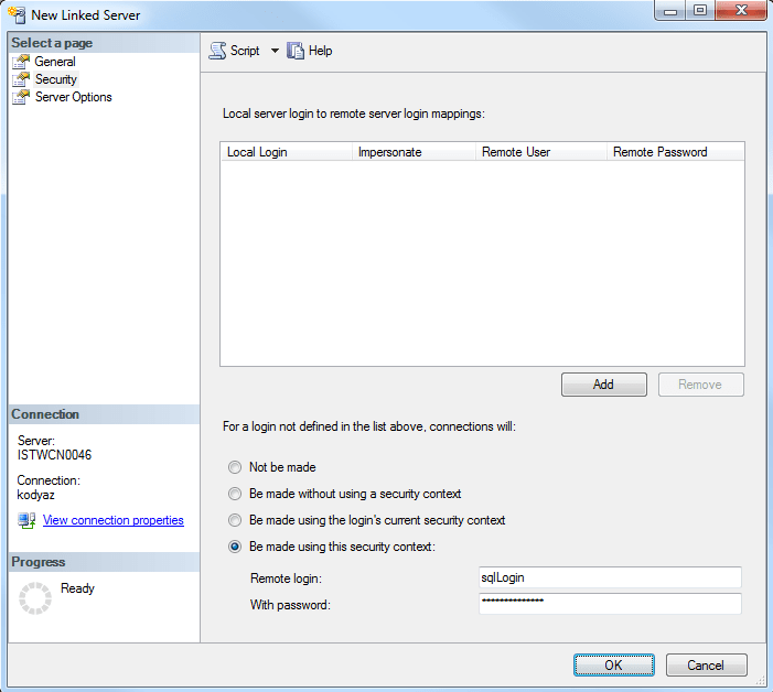 SQL Server linked server security, login name and password