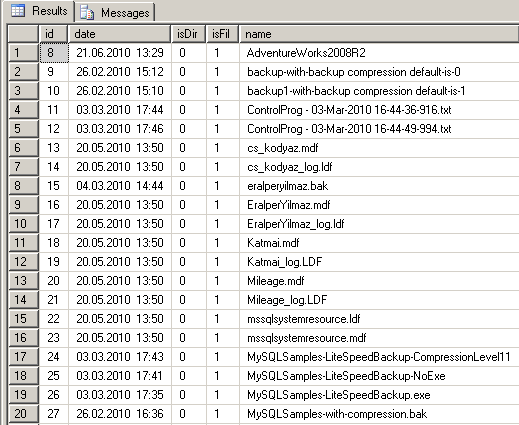 list directory files using SQL xp_cmdshell procedure
