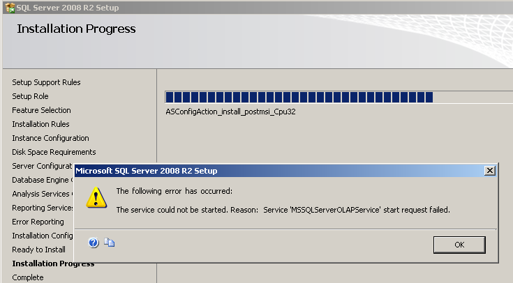 Service MSSQLServerOLAPService start request failed
