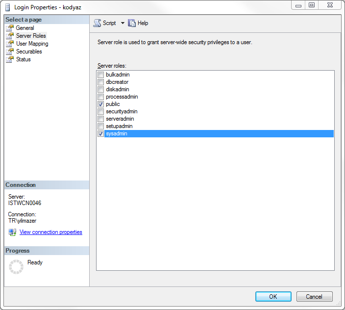 SQL Server sql login server roles page