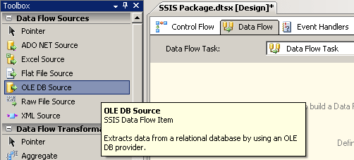 OLE DB Source component in SSIS package for data export