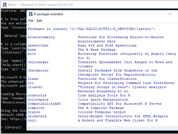 list all R packages in SQL Server library