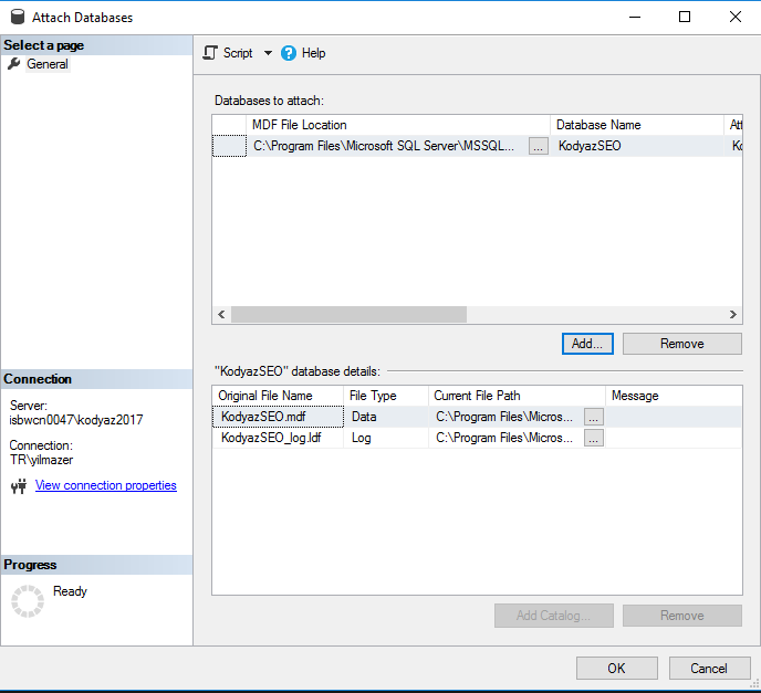 SQL Server databases to attach and database details