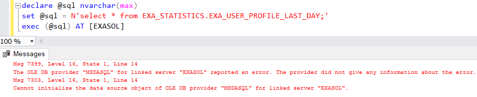 OLE DB provider MSDASQL for linked server reported an error