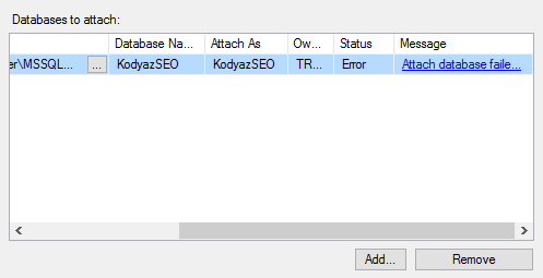 error details for database attachement on SQL Server 2017
