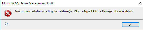 An error occurred when attaching the database