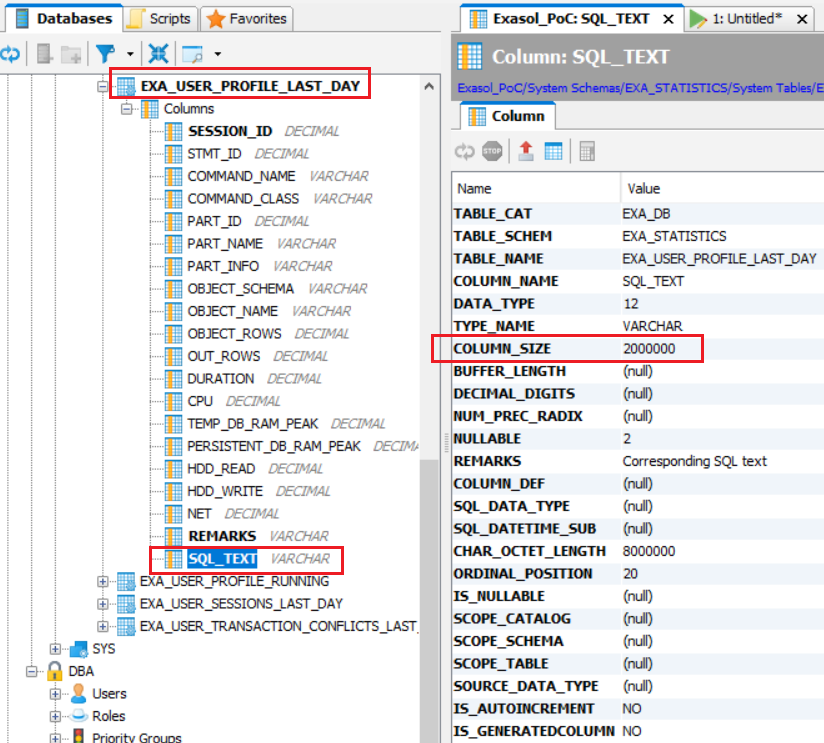 Exasol database table column data types and metadata