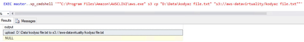 SQL Server xp_cmdshell to run AWS CLI command to copy file to Amazon S3 bucket