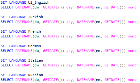SQL Select with Set Language for day and month name translations