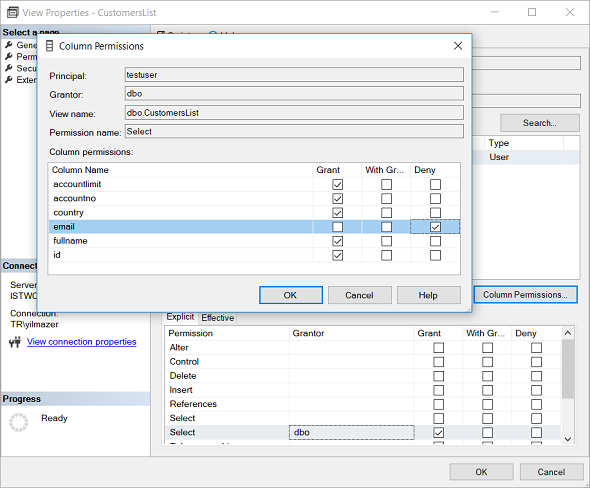 grant or deny column level SQL Select permission for database views