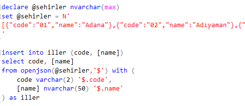 JSON formatındaki iller listesini SQL Server veritabanı tablosuna kaydetme