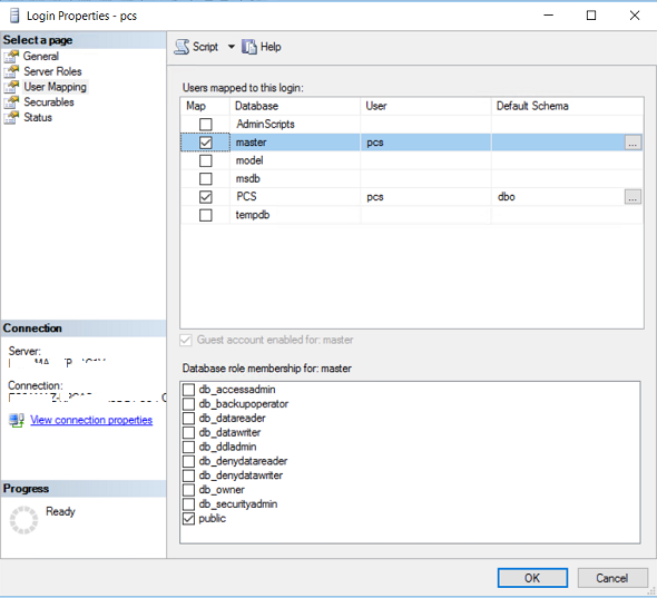 map SQL Server login to master database in public role