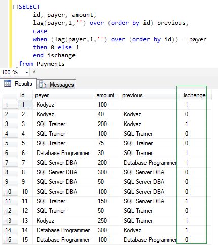 SQL Lag() function to determine category change in a series of data
