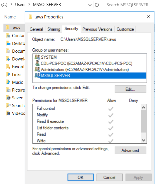 MSSQLSERVER permissions on .aws configuration folder for AWS CLI