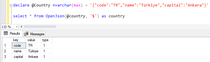 query JSON data using SQL OpenJSON function