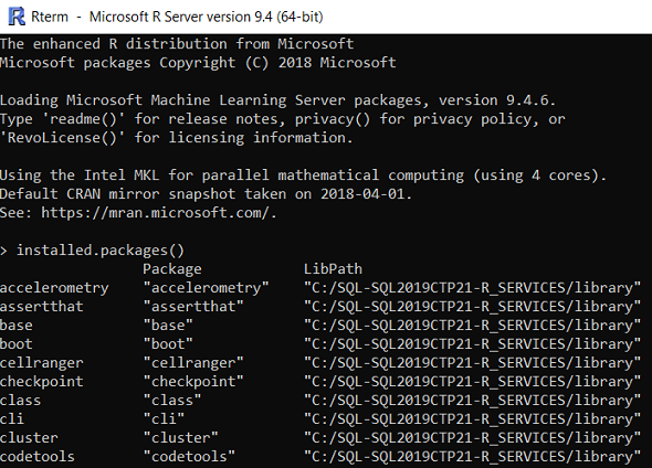 Rterm to list installed R packags on SQL Server