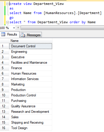 sort SQL View data rows using Order By clause on SQL Server database