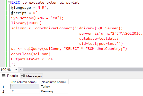 execute R script including RODBC library to connect to SQL Server