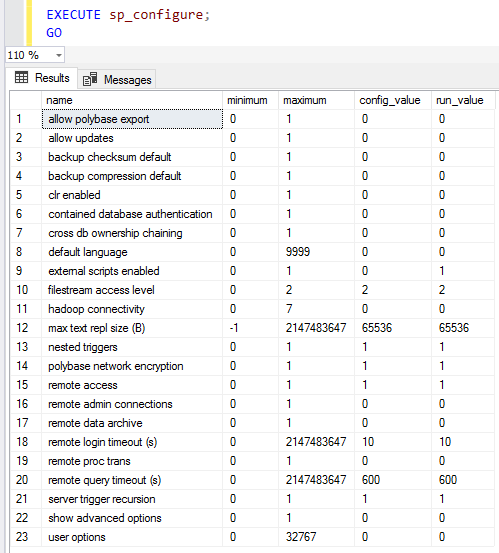 sp_configure SQL Server instance configuration procedure