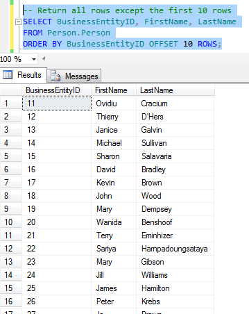 SQL Ad-hoc paging skip 10 rows using Order By Offset