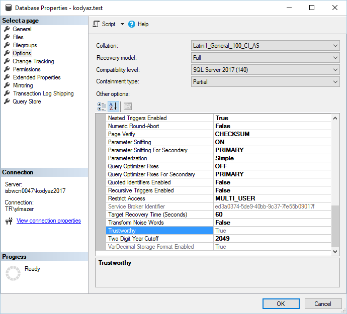 display and set SQL Server database option Trustworthy