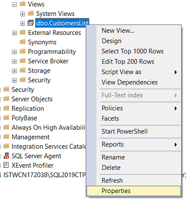 SQL Server database view properties