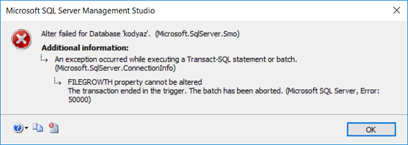 SQL Server DDL trigger prevents database autogrowth update