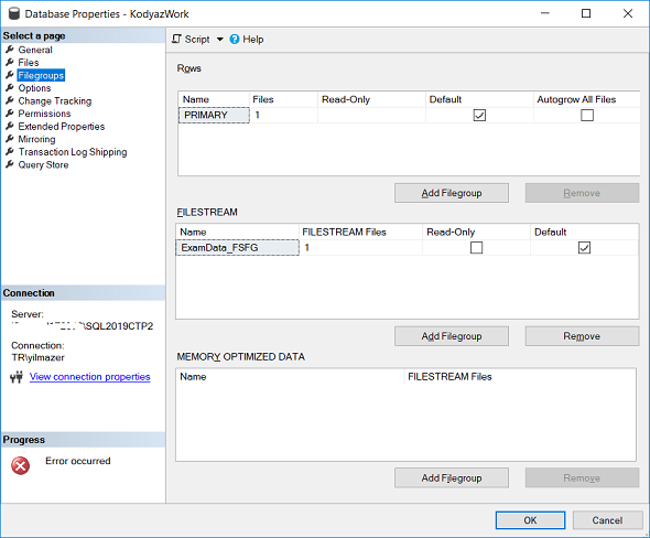 SQL Server database file groups to use FileStream data