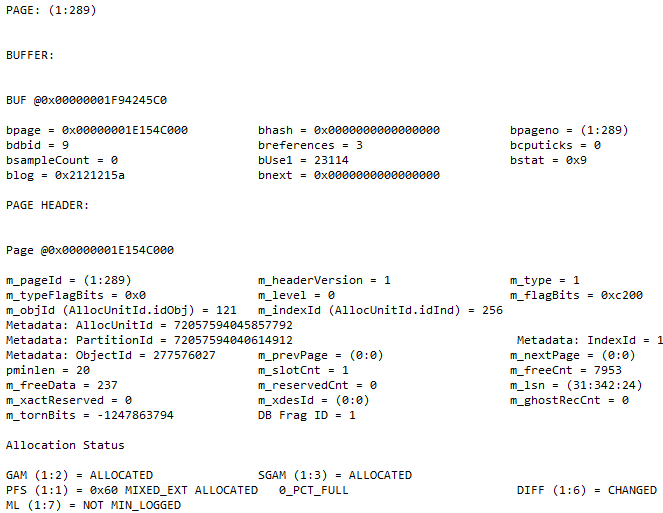 SQL data page header displayed with DBCC PAGE statement