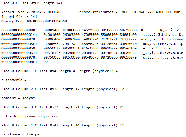 row data displayed in data page pay load section using DBCC PAGE command