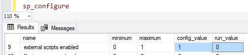 update external scripts enabled option using sp_configure