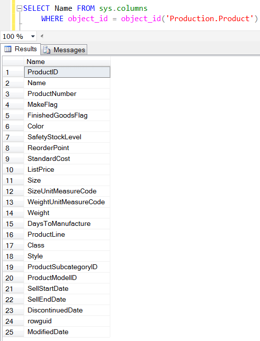 list table column names using sys.columns