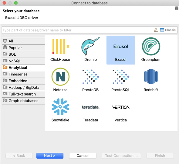 connect Exasol Analytical database using DBeaver database manager