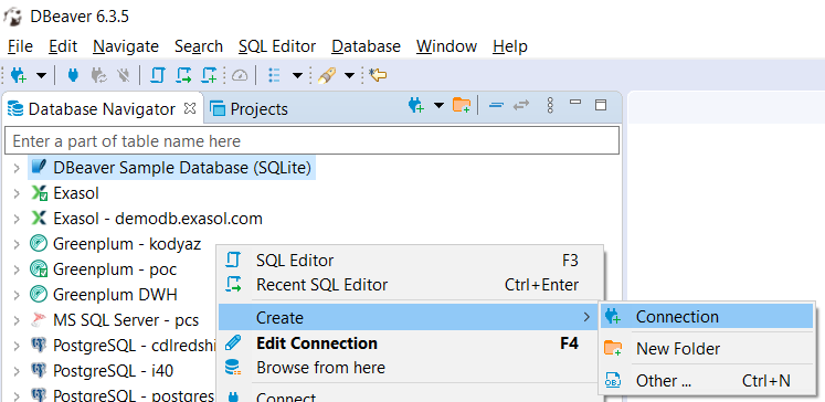 create new connection on DBeaver Database Management software