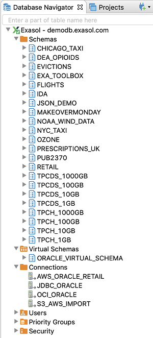 DBeaver Database Navigator showing Exasol database objects