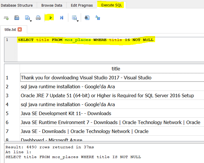 execute SQL on SQLite database of browser history