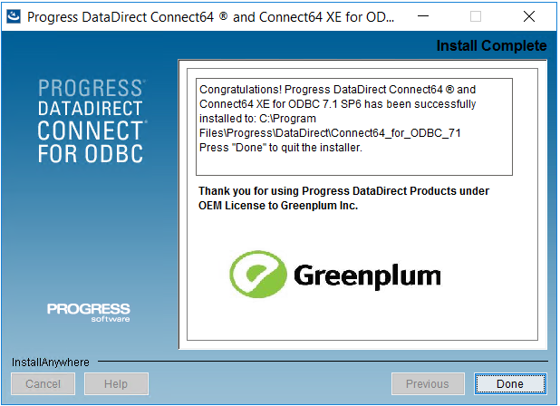 ODBC driver setup completed to connect Greenplum Data Warehouse