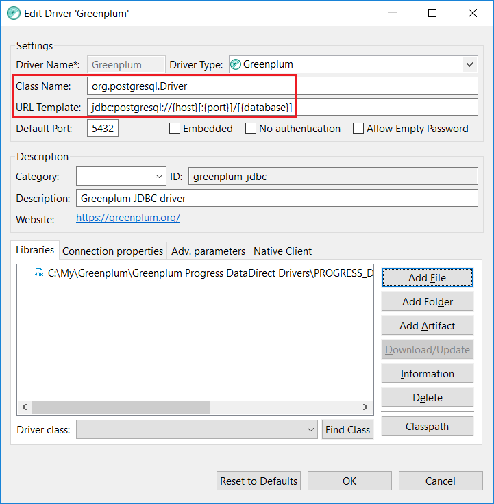 Pivotal Greenplum JDBC Driver details on DBeaver