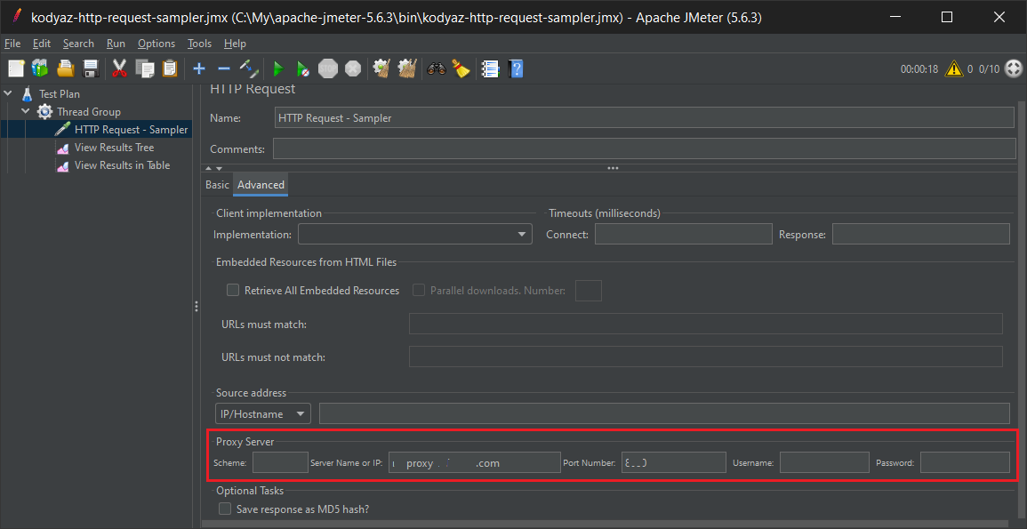 proxy server configuration on JMeter test tool